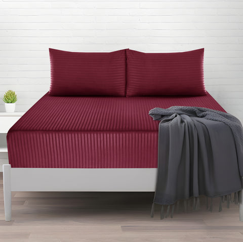 3 Pcs Stripe Fitted Sheet Set-Burgundy