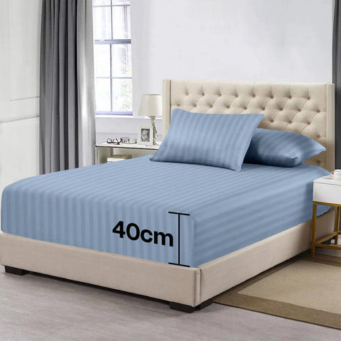 3 Pcs Stripe Fitted Sheet Set-Light Blue