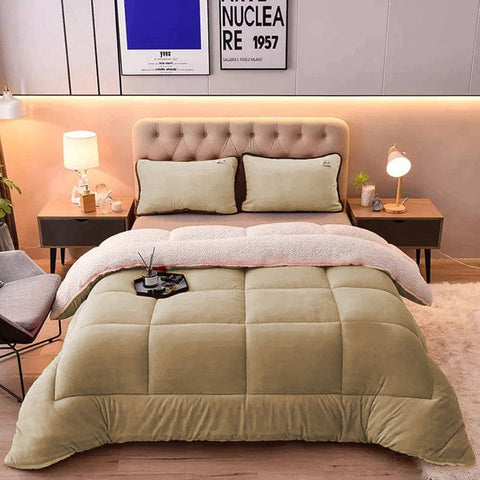 Camel Beige Quilted Fleece Sherpa Comforter
