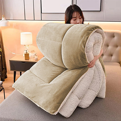 Camel Beige Quilted Fleece Sherpa Comforter
