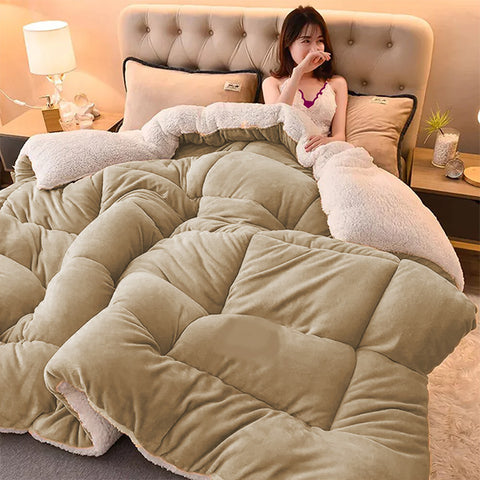 Camel Beige Quilted Fleece Sherpa Comforter