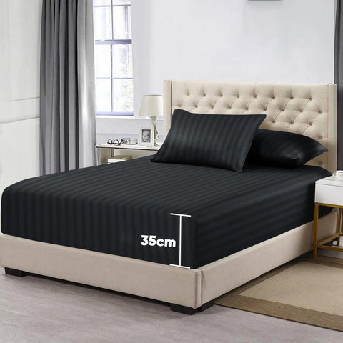 3 Pcs Stripe Fitted Sheet Set-Black