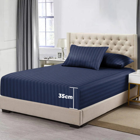 3 Pcs Stripe Fitted Sheet Set-Navy