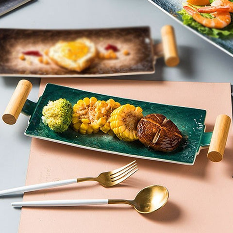 Aqua Long With Wooden Handle Rectangular Ceramic Tray
