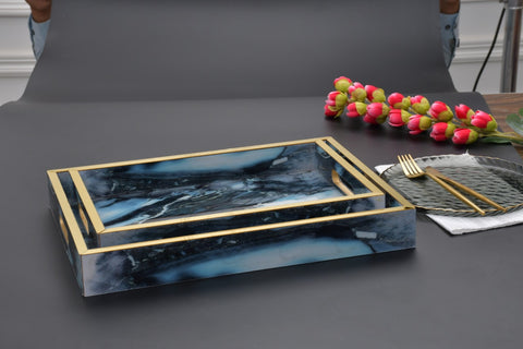 Serving Tray Blue Marble Pattern Wooden- (Pair)