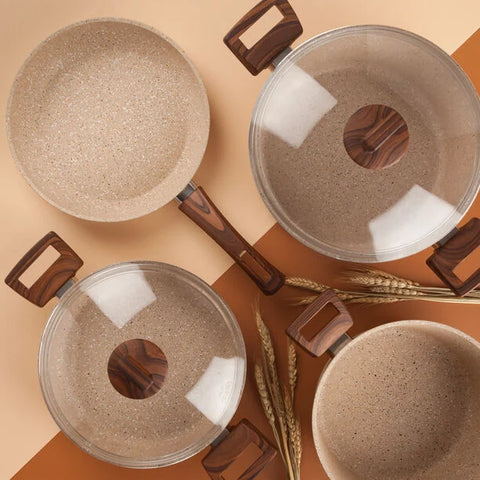 9Pcs Beige Non Stick Reinforced Stone Coated Cookware Set