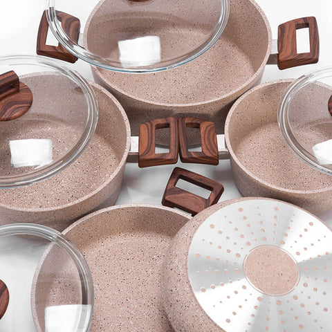 9Pcs Beige Non Stick Reinforced Stone Coated Cookware Set