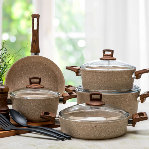 9Pcs Beige Non Stick Reinforced Stone Coated Cookware Set