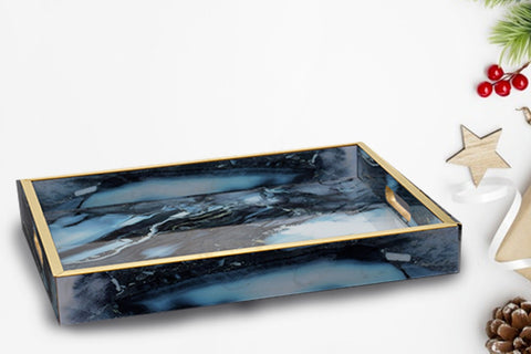 Serving Tray Blue Marble Pattern Wooden- (Pair)