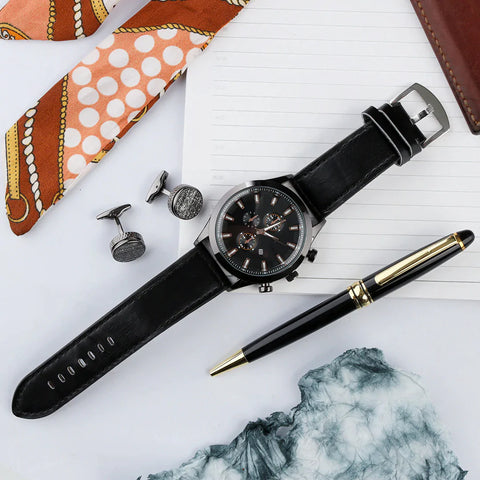 Stainless Steel and Leather Men's Watch Gift Set