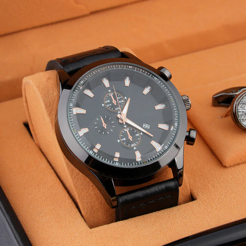Stainless Steel and Leather Men's Watch Gift Set