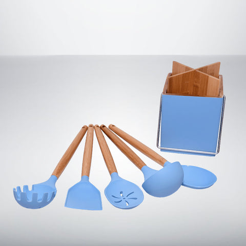 Silicone And Bamboo Non Stick Spoon Set With Holder
