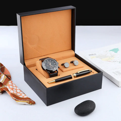 Stainless Steel and Leather Men's Watch Gift Set