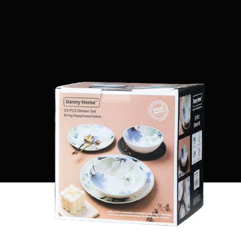 24Pcs Mint and Blue Glaze Floral Ceramic Dinner Set