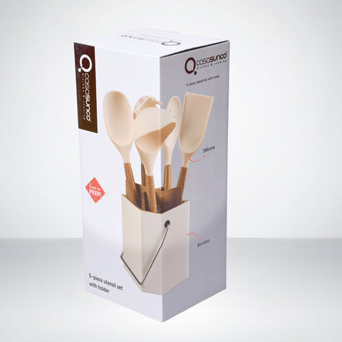 Silicone And Bamboo Non Stick Spoon Set With Holder