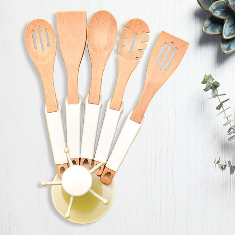 5Pcs Cooking Spoon Set Non Stick With Rest And Holder