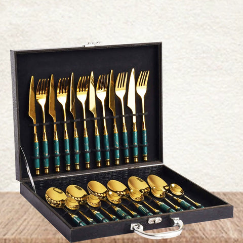 24Pcs Luxury Gold And Green Cutlery Set