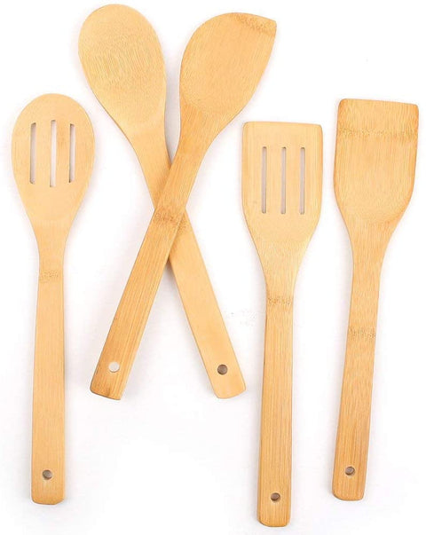 5Pcs Non Stick Pure Bamboo Wooden Spoon Set