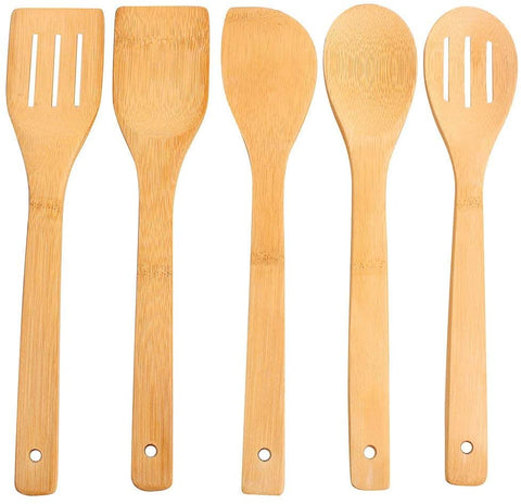 5Pcs Non Stick Pure Bamboo Wooden Spoon Set