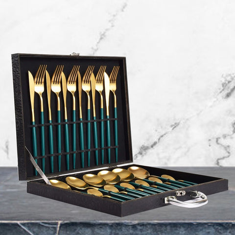 24Pcs Luxury Gold & Dark Green Cutlery Set