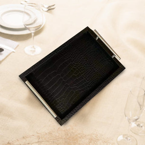 Pair of Leather Black Serving Tray With Silver Handles