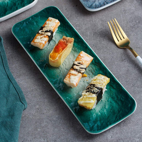 Rectangular Ceramic Tray Aqua Long