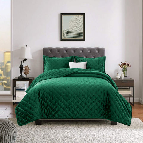 Crushed Velvet Green Bedspread Set