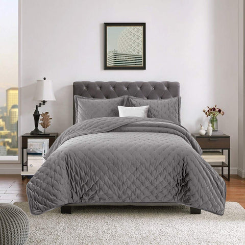 Crushed Velvet Grey Bedspread Set