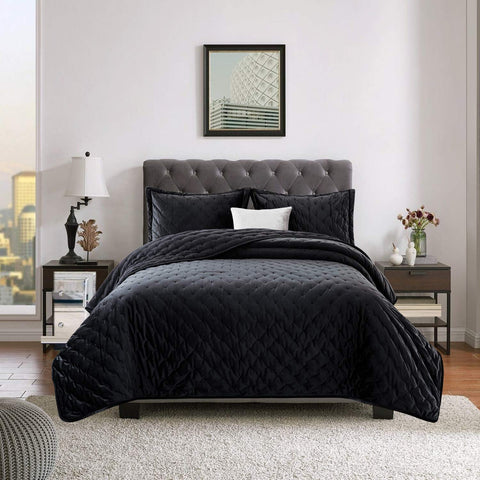 Crushed Velvet Black Bedspread Set