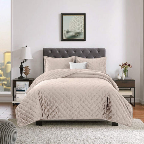 Crushed Velvet Beige Bedspread Set