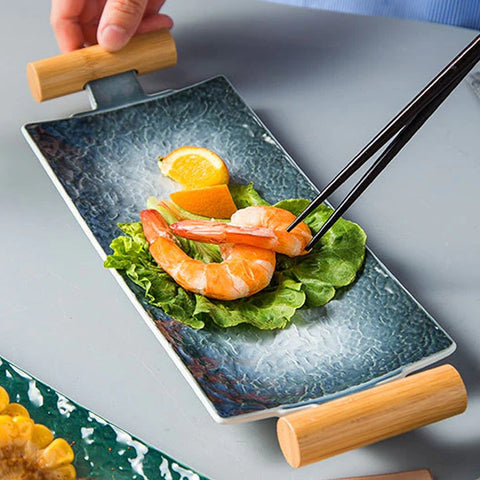 Aqua Long With Wooden Handle Rectangular Ceramic Tray