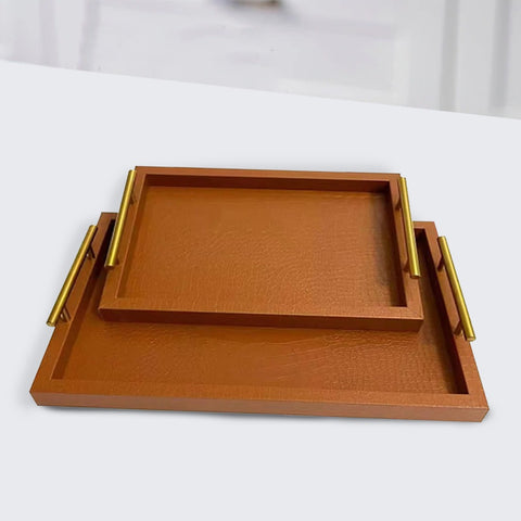 Elegant PU Leather Serving Tray With Golden Handle/pair