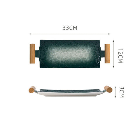 Aqua Long With Wooden Handle Rectangular Ceramic Tray