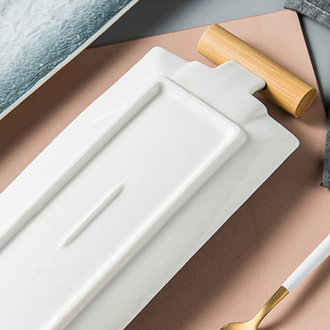 Aqua Long With Wooden Handle Rectangular Ceramic Tray