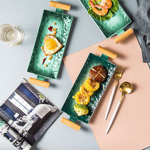 Aqua Long With Wooden Handle Rectangular Ceramic Tray