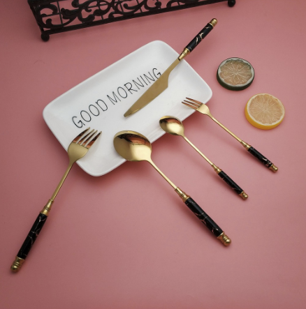 24Pcs Gold And Black Marblene Cutlery Set