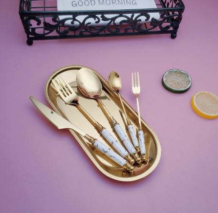 24Pcs Gold And White Marble Cutlery Set