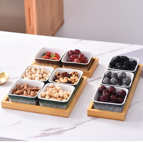 3Pcs Square Ceramic Grid With Wooden Tray