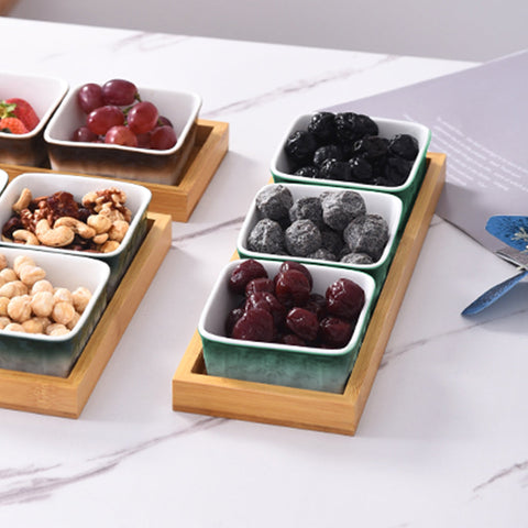 3Pcs Square Ceramic Grid With Wooden Tray