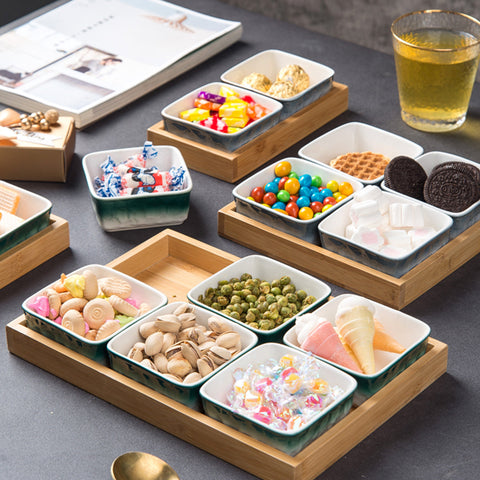 6Pcs Ceramic Grid With Wooden Tray