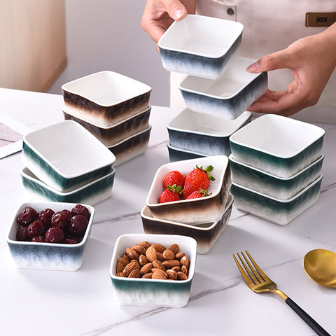 4Pcs Square Ceramic Grid With Wooden Tray