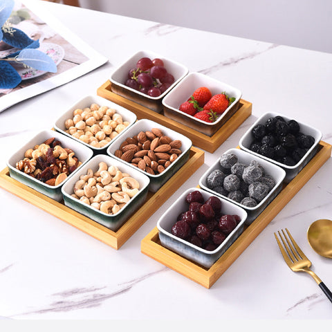 3Pcs Square Ceramic Grid With Wooden Tray