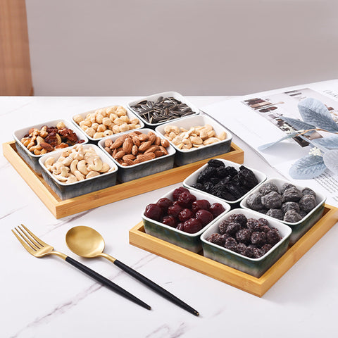 6Pcs Ceramic Grid With Wooden Tray