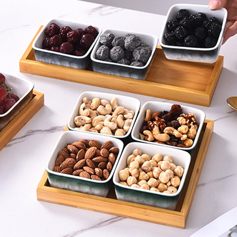 3Pcs Square Ceramic Grid With Wooden Tray