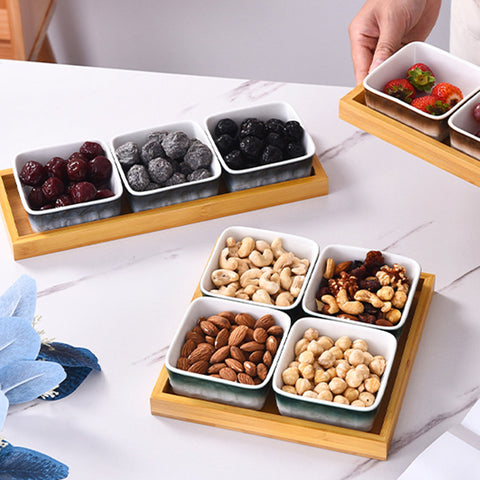 3Pcs Square Ceramic Grid With Wooden Tray