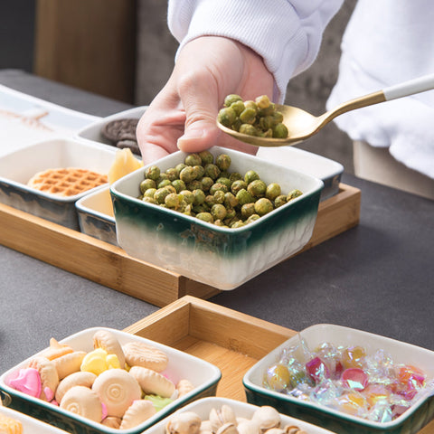 6Pcs Ceramic Grid With Wooden Tray