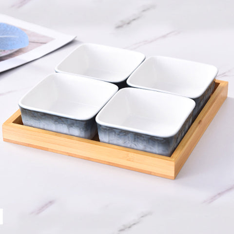 4Pcs Square Ceramic Grid With Wooden Tray