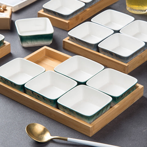 6Pcs Ceramic Grid With Wooden Tray