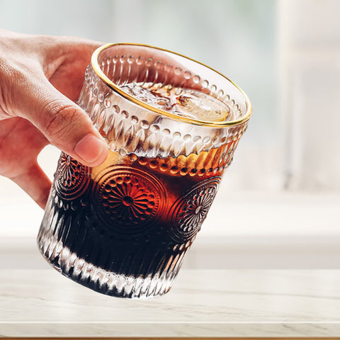 6Pcs Gold Rimmed Embossed Floral Glass Set