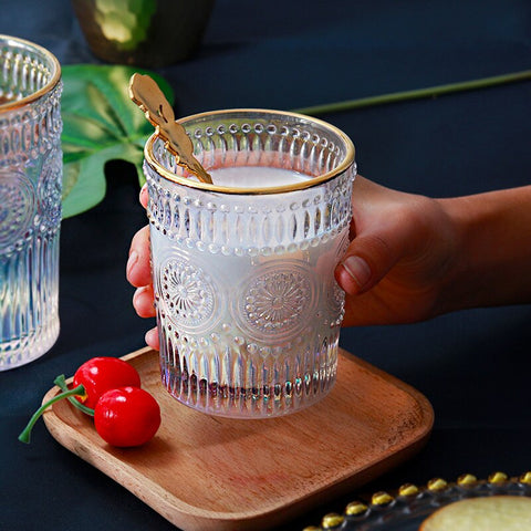 6Pcs Gold Rimmed Embossed Floral Glass Set
